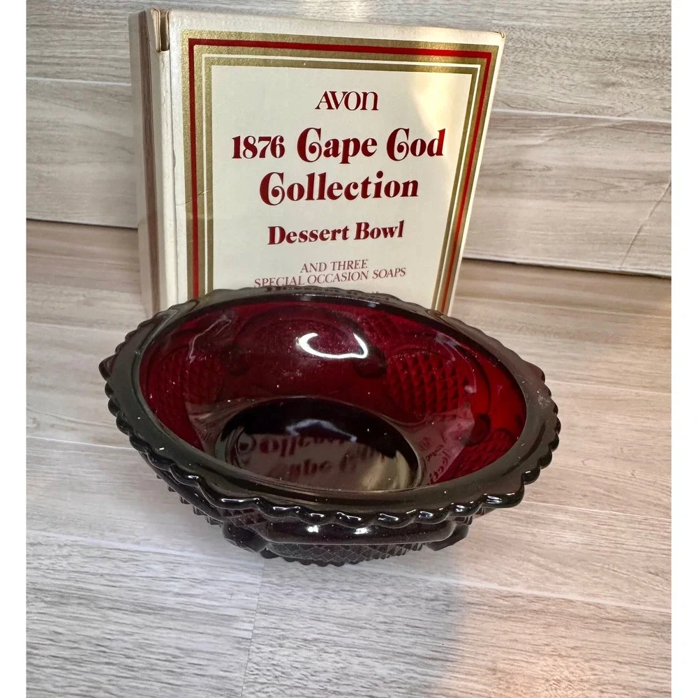 Avon Vintage Cape Cod Dessert Bowl Set Ruby Red Glass With Soaps 1876 Collection
